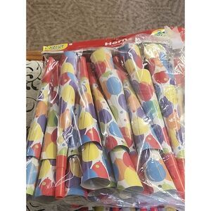 Amscan Balloon Print Party Horns - Red, Yellow, Blue, Purple, Green, Orange